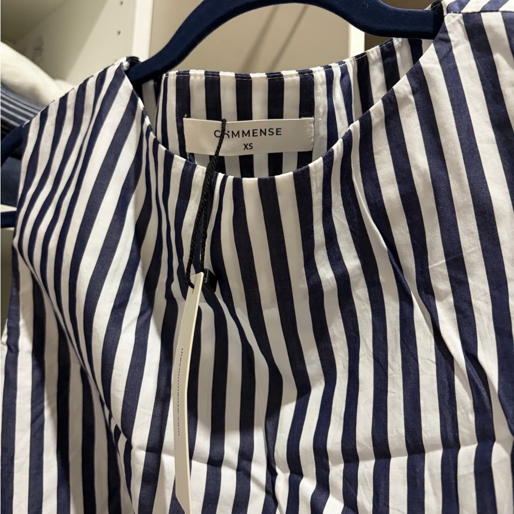 Striped Navy and White Strapless Ruched Women’s Dress - Picture 2 of 3